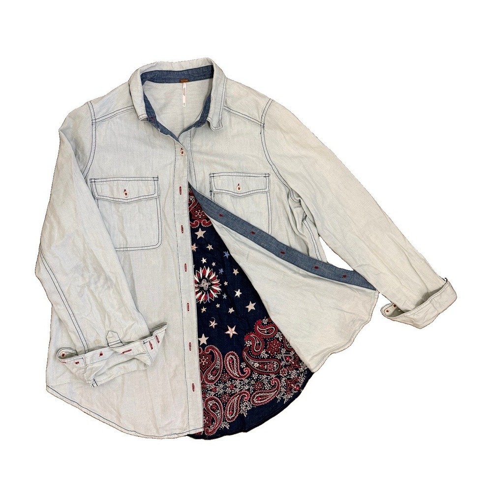 Free People Western Boho Bandana Chambray Button Down Paisley Long Sleeve Medium
